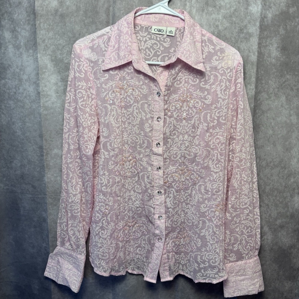 Cato Lace Sheer Long Sleeve Pink Top Size Medium Diamond‎ Button Sequin Y2K